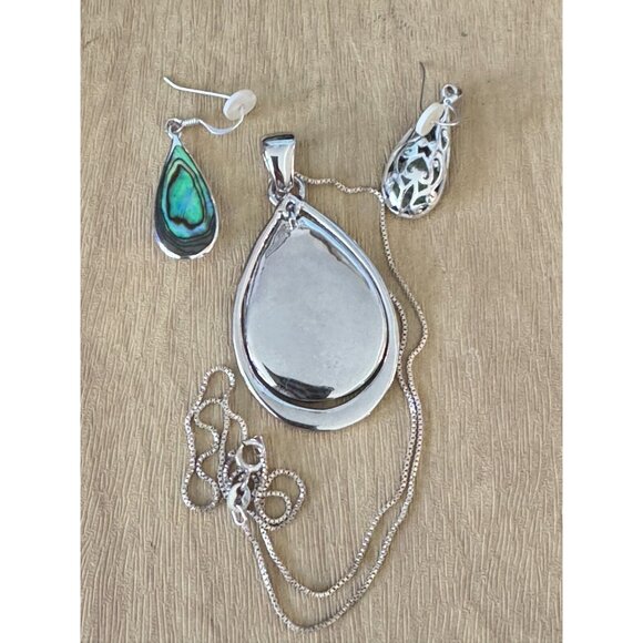 Abalone Pendant Necklace & Matching Earrings Set Sterling Silver Jewelry Elegant - Picture 6 of 6